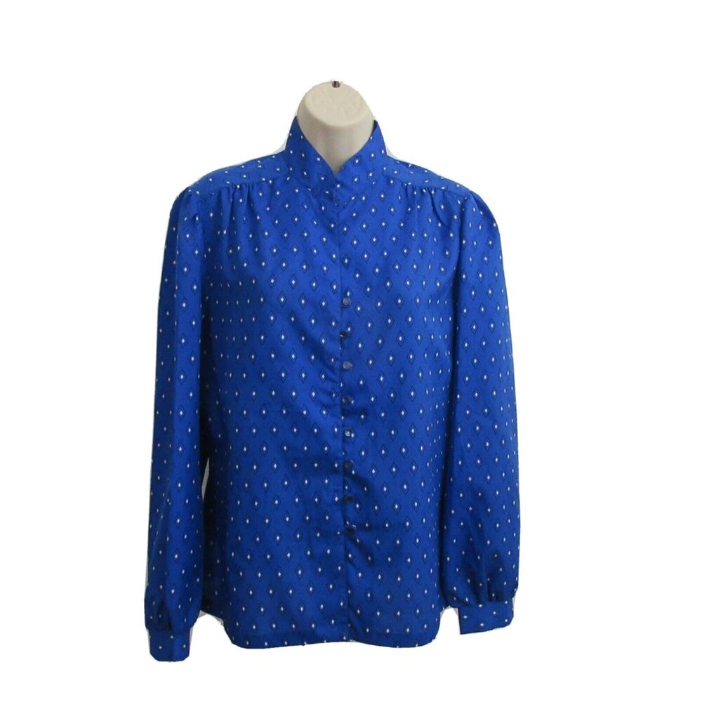 VTG Russ Blouse Size 14 Blue Geometric Mandarin Collar Button Front Long Sleeve